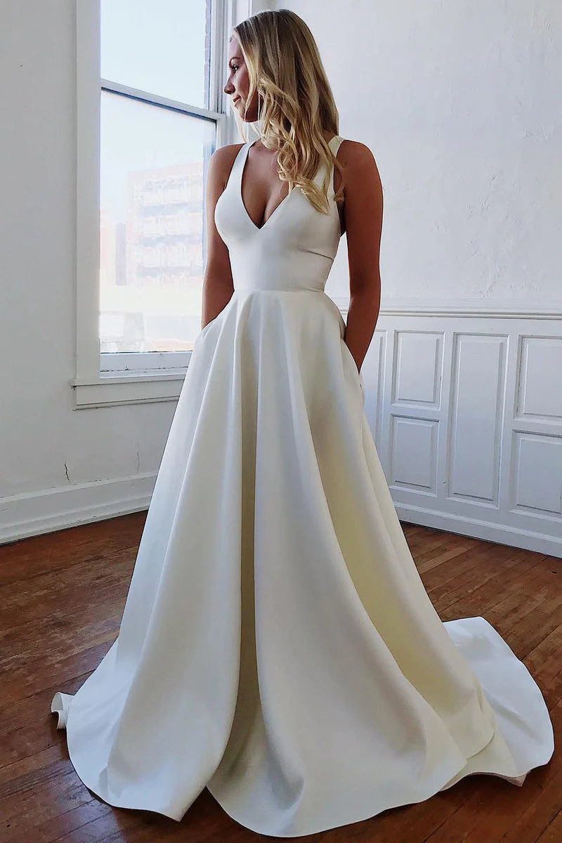 Daily Essentials Wedding Dress A-Line V-Neck White Long with Bow-Knot