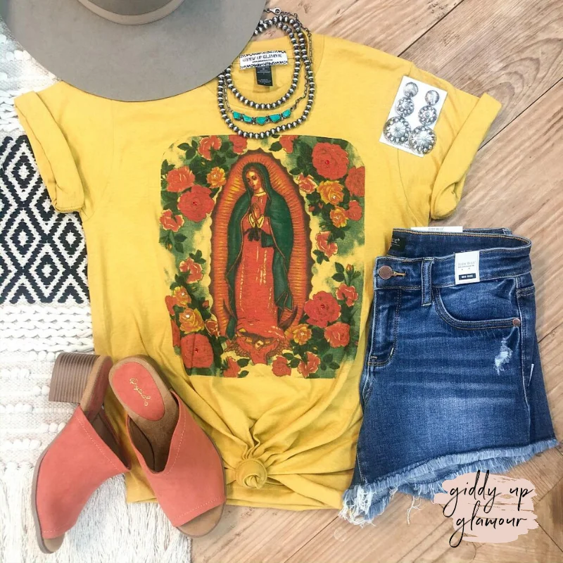 Get The Latest Trends Lady of Guadalupe Floral Graphic Tee with Crystals in Mustard Yellow