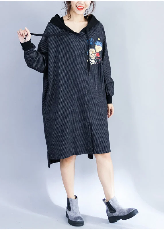 Chic Casual Wardrobe Essentials Style Hooded Cotton Wardrobes Pattern Black Striped Knee Dresses Spring