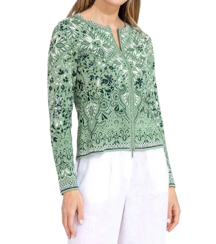 Trendy Aesthetics Alhambra Pattern Zip Cardigan In Pastel Green