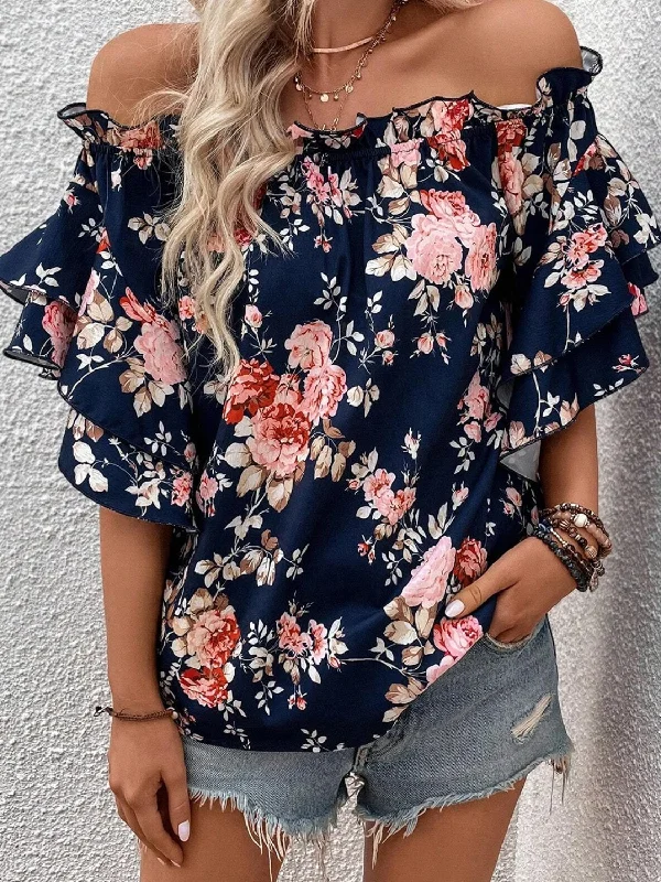 The Latest Trends Printed Off-Shoulder Flounce Sleeve Blouse