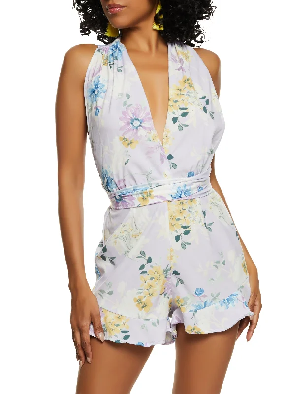 Season Appropriate Women's Collection Haute Monde Floral Print Criss Cross Tie Back Romper