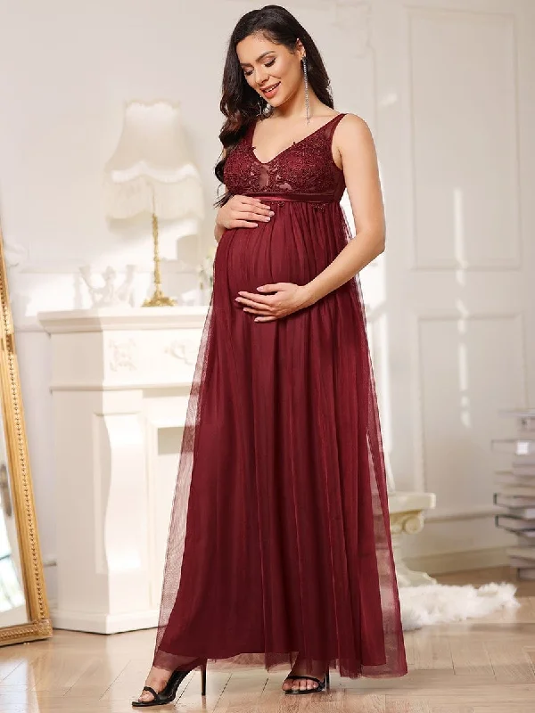 Top 10 Women's Online Clothing Stores Double V-Neck Lace Bodice Long Flowy Maternity Dress