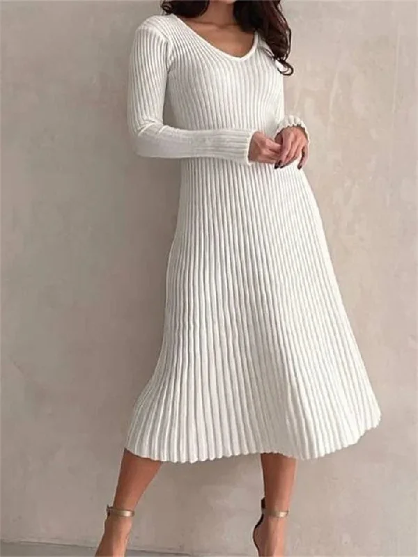 Stupidly Low Prices Knitted Ribbed Long Sleeve Slim Fit Solid Autumn Mid Midi Dress