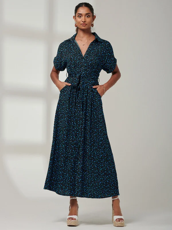 Flash Discount Drop Shoulder Shirt Maxi Dress, Blue Animal