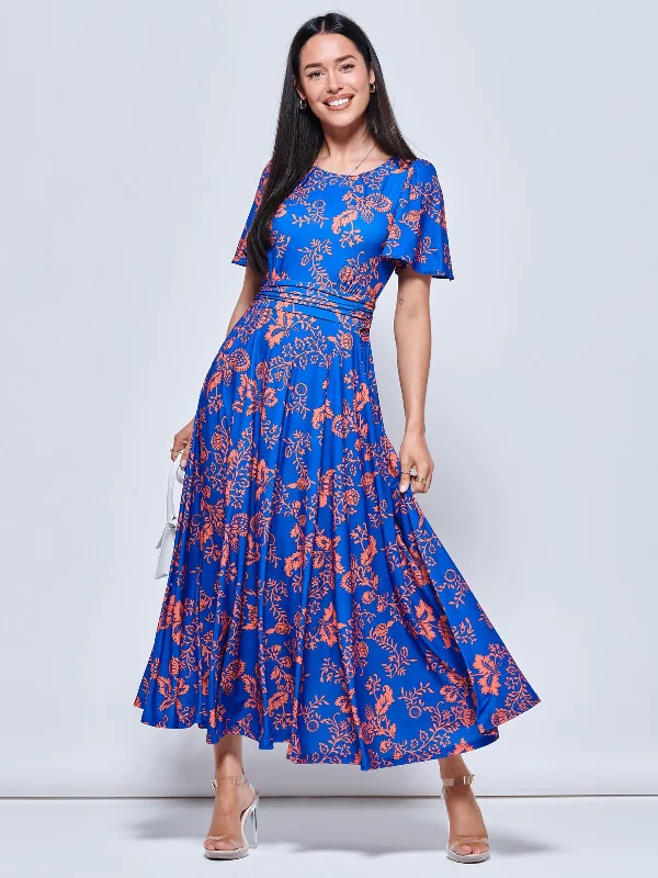 Women's Fashion Clothing Angel Sleeve Jersey Maxi Dress, Royal Floral