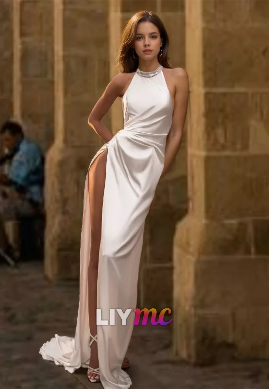 End Of Season Sale Halter Sleeveless High Slit Sleek Sheath Beach Wedding Dress