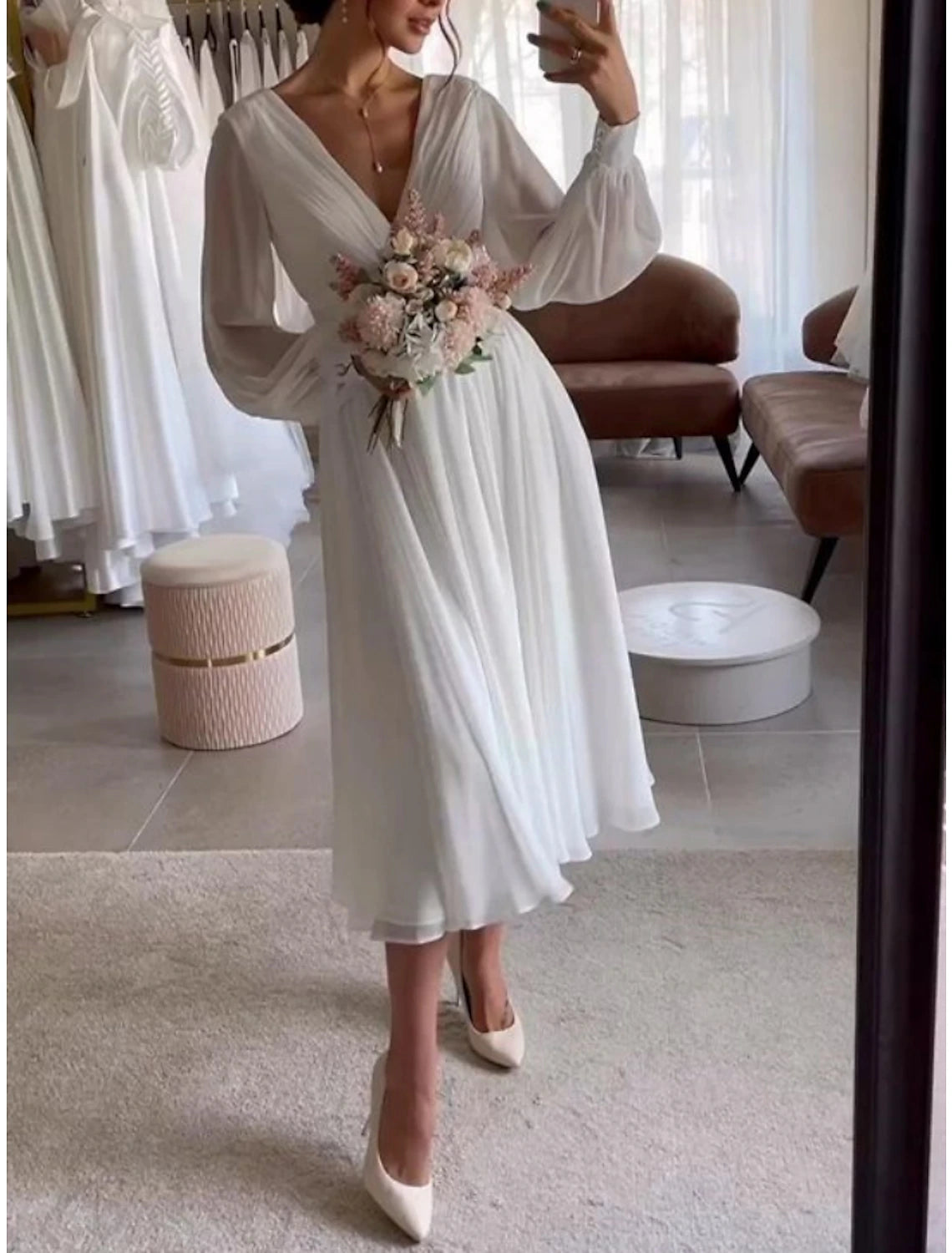 Huge Discounts This Week Little White Dresses Wedding Dresses A-Line V Neck Long Sleeve Tea Length Chiffon Bridal Gowns With Pleats Solid Color