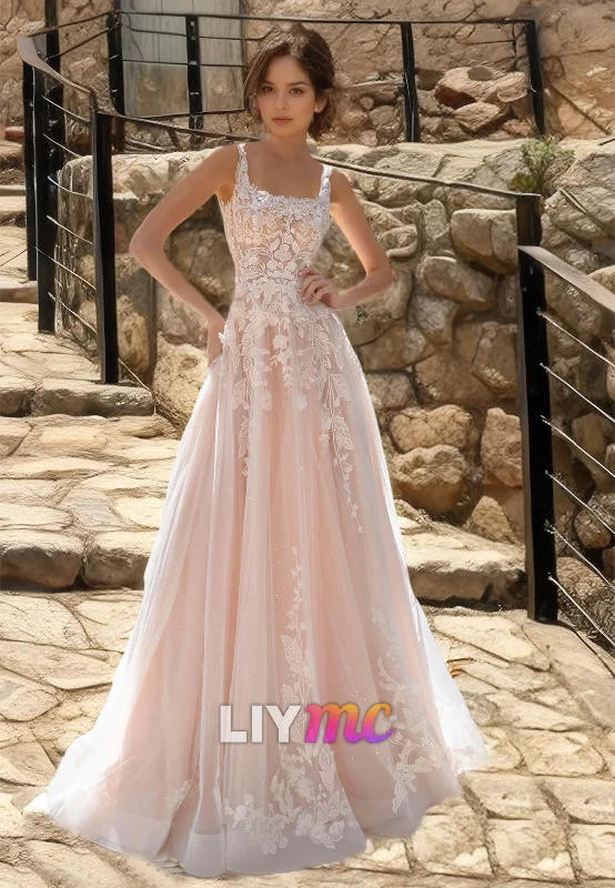 New Styles Just In Square Straps Appliques Tulle A-Line Wedding Dress