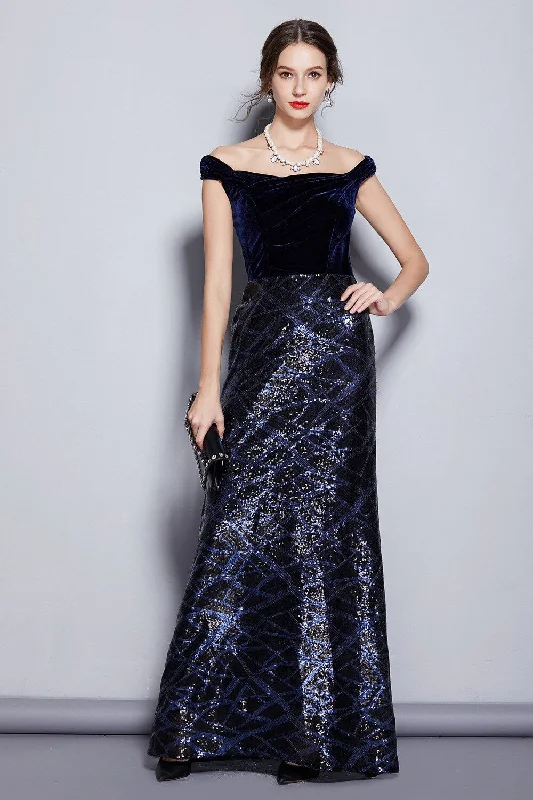 Weekend Sale FashionSierra - Cap Sleeves Velour Bodice Patchwork Sequined Elegant Long Party Dresses