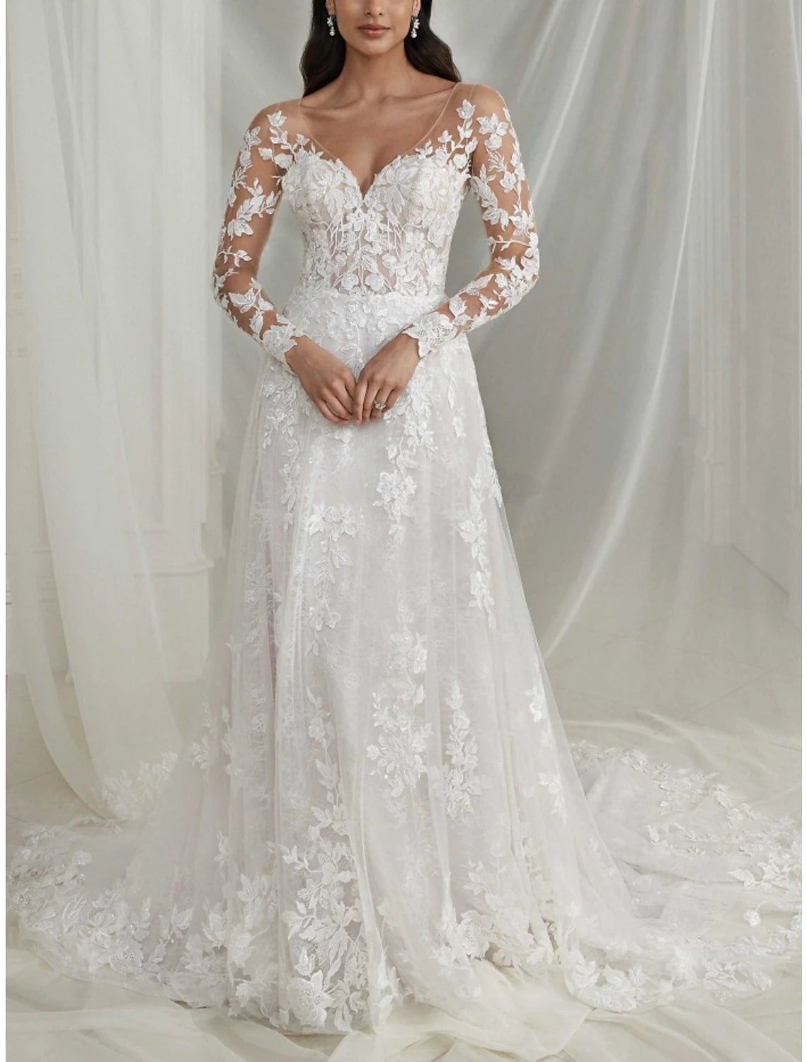 Clearance Sale, All Cheap Hall Formal Wedding Dresses A-Line V Neck Long Sleeve Court Train Lace Bridal Gowns With Pleats Solid Color