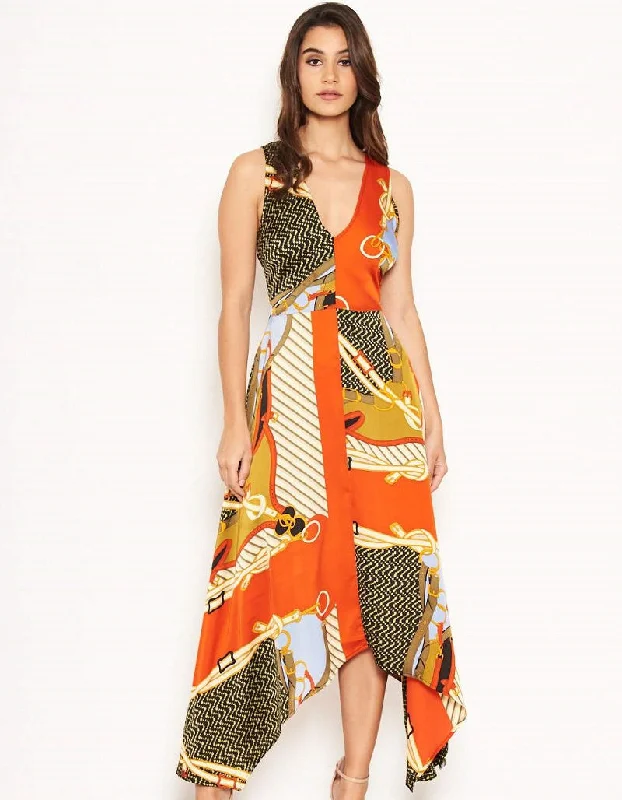 Comfort First Women's Wear Caroline Orange Multi Chain Print Midi Dress