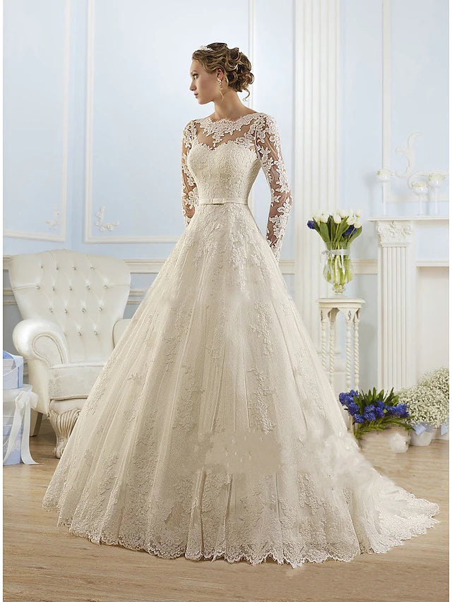 Holiday Glam Engagement Formal Wedding Dresses Court Train A-Line Long Sleeve Jewel Neck Lace With Appliques