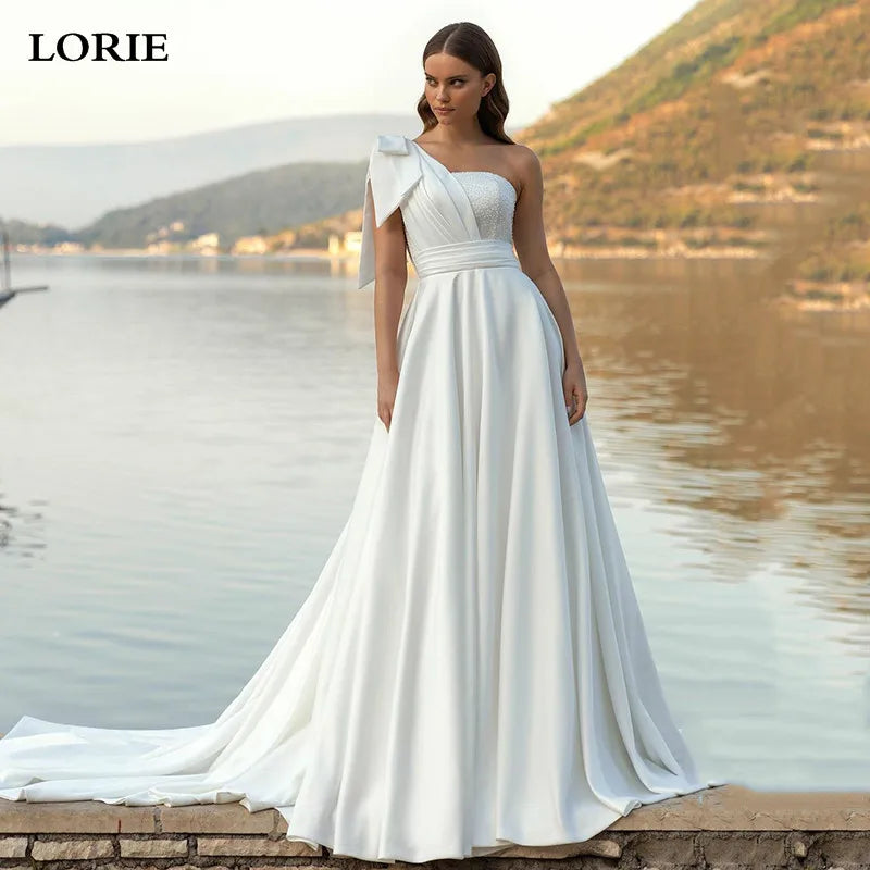 Women's Stylish Outerwear Princess Wedding Dresses Satin Boho Bridal Gowns One Shoulder Elegant Wedding Party Dress