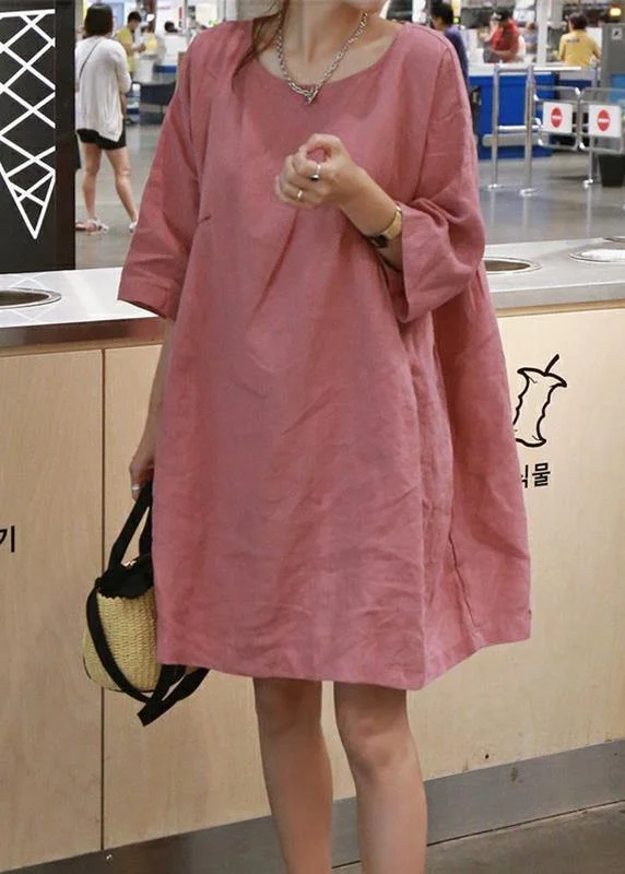 Best Sellers Style pink cotton linen outfit o neck Cinched A Line summer Dresses