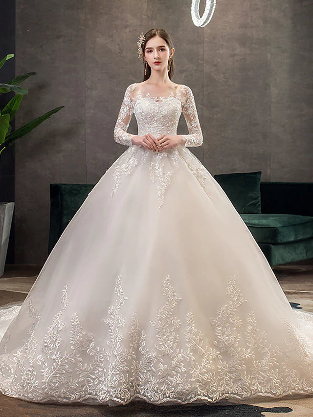 Flash Discount Engagement Open Back Formal Wedding Dresses Chapel Train Princess Long Sleeve Jewel Neck Lace With Pleats Appliques