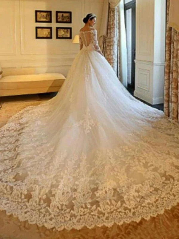 Trendy Women's Collection Ball Gown Off-the-Shoulder Cathedral Train 3/4 Sleeves Beading Applique Tulle Wedding Dresses