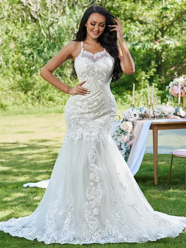 Relaxed Style Trumpet/Mermaid Lace Ruffles Spaghetti Straps Sleeveless Sweep/Brush Train Wedding Dresses