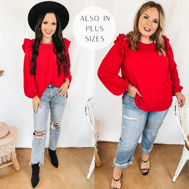 Top Deals Last Chance Size Small | Balcony Nights Ruffle Shoulder Long Sleeve Blouse in Red