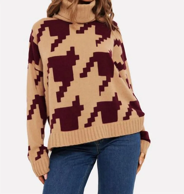 Absurdly Cheap Sale Hayley Houndstooth Cashmere Roll Neck Sweater In Camel