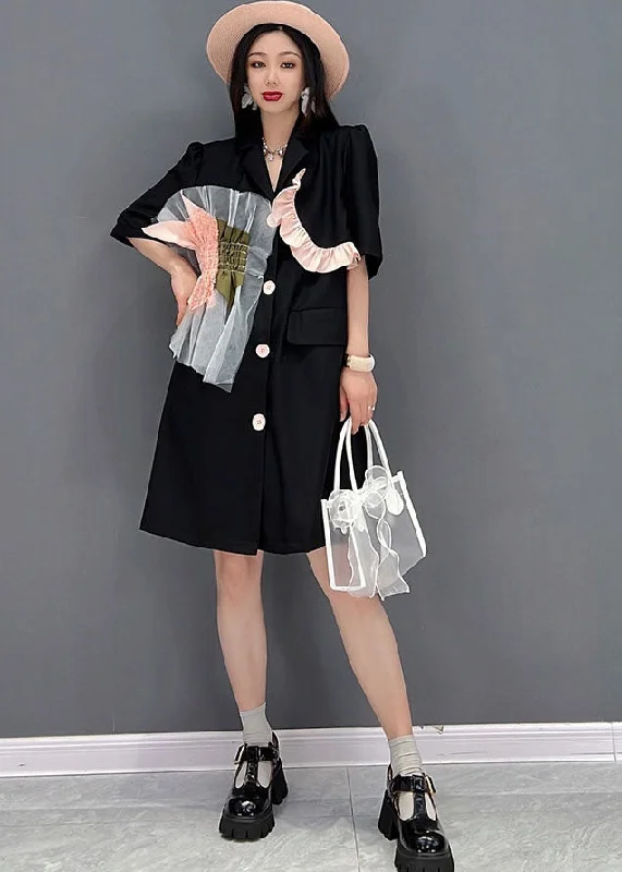 Women Wear Brands Simple Black Notched Collar Ruffled Tulle Patchwork Mid Dress Short Sleeve