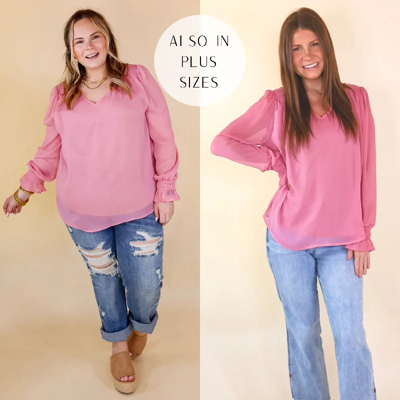 Affordable Women's Clothing Sale Online Casually Stunning V Neck Long Sleeve Blouse in Mauve Pink