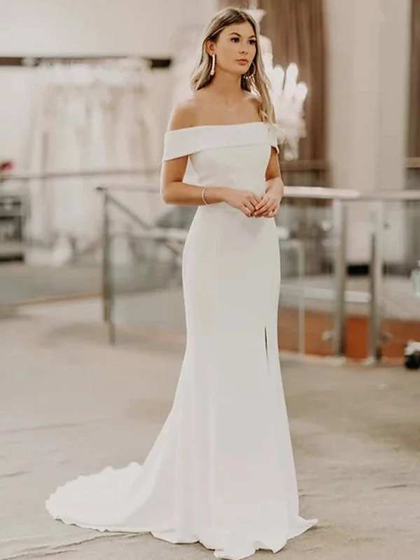 Urban Femme Streetwear Sheath/Column Stretch Crepe Off-the-Shoulder Sleeveless Sweep/Brush Train Wedding Dresses