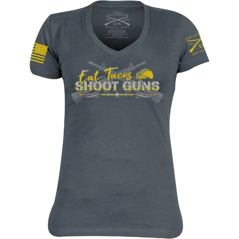 Trendy Women's Fashion Grunt Style Women's Eat Tacos Shoot Guns V-Neck T-Shirt - Dark Gray