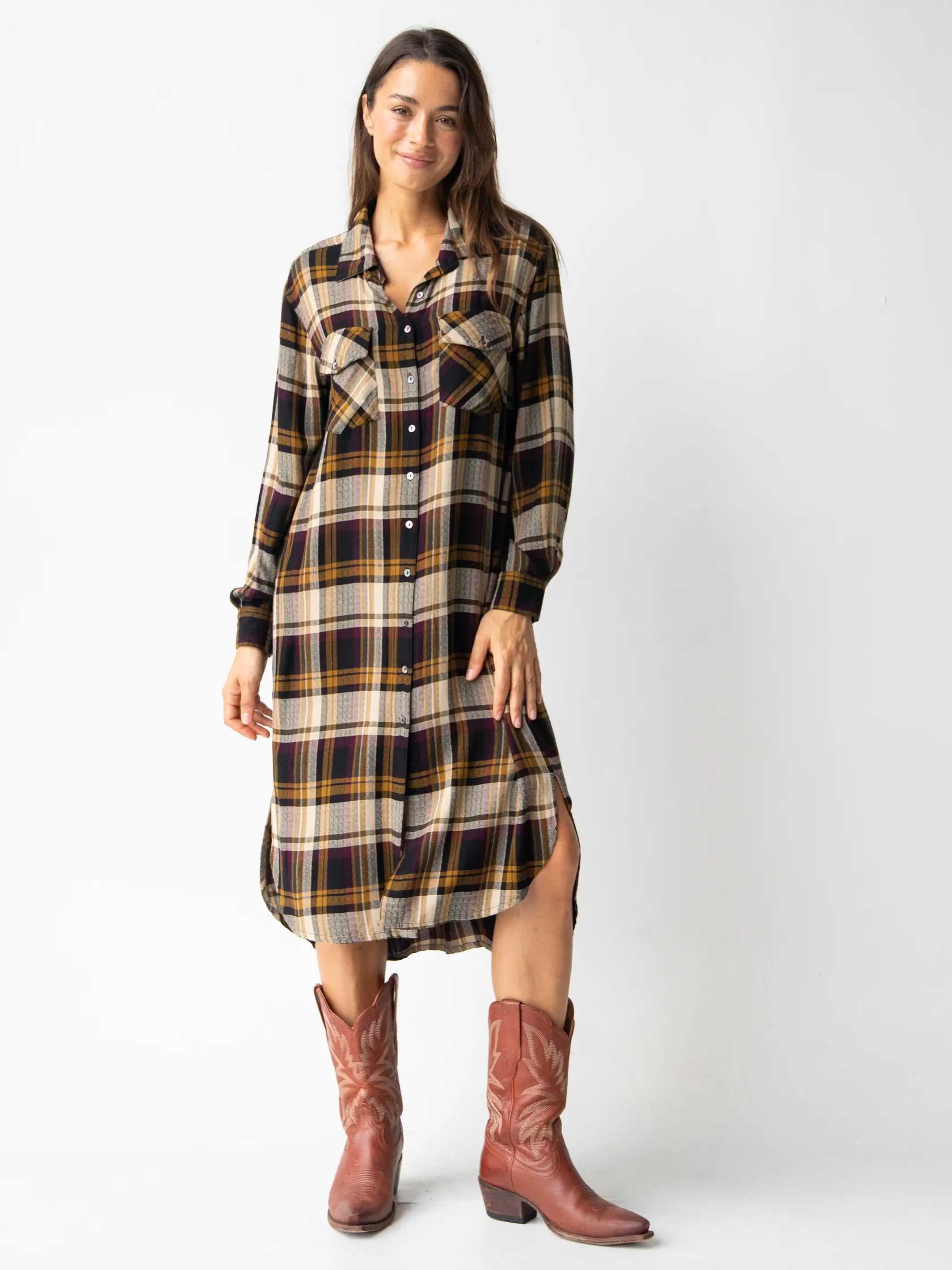 Fashion Women's Clothing Cooper Shirt Dress - Black Tan Plaid