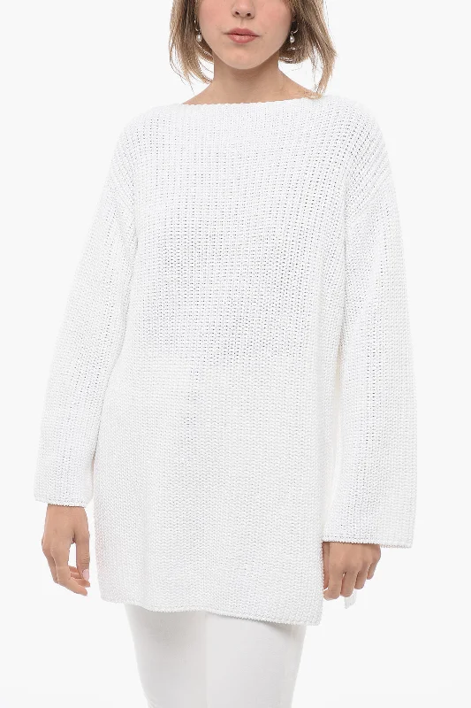 Online Boutiques Affordable Salvatore Ferragamo Crew Neck Pure Cotton Sweater with Side Splits