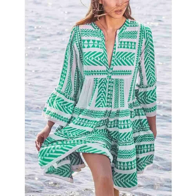 Chic Style FashionSierra - New Ladies Women Fashion Boho Summer Smock Swing Dress Tops Holiday Beach Casual V Neck Loose Frill Sundress