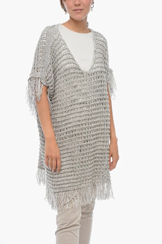 Clearance Event Fabiana Filippi Short-sleeved Flax Blend Crochet Sweater with Fringes