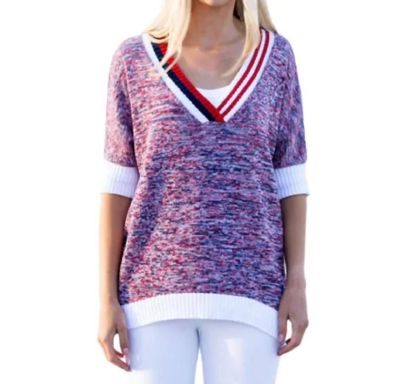 Style Versatile Women's Collection Marled V-Neck Elbow Sleeve Sweater In Red/white/navy