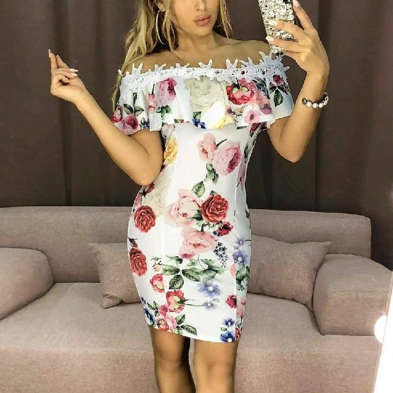 Stylish Statements FashionSierra - New Fashion Women Dresses Floral Print Off Shoulder Dress Ruffles Slash neck Sexy Summer Beach Bodycon Mini Sundress