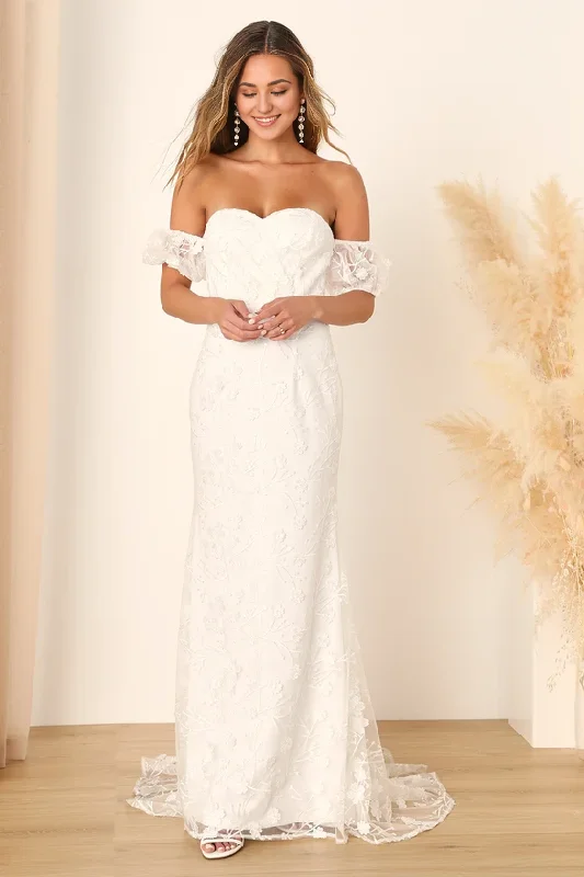 Hot Picks White 3D Floral Embroidered Maxi Dress One-shoulder Sheath Wedding Dresses