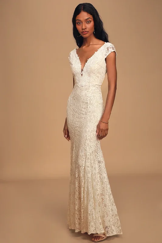 Stupidly Low Prices V-Neck Lace Short Sleeve Maxi Dress Mermaid Floor-length Wedding Dresses