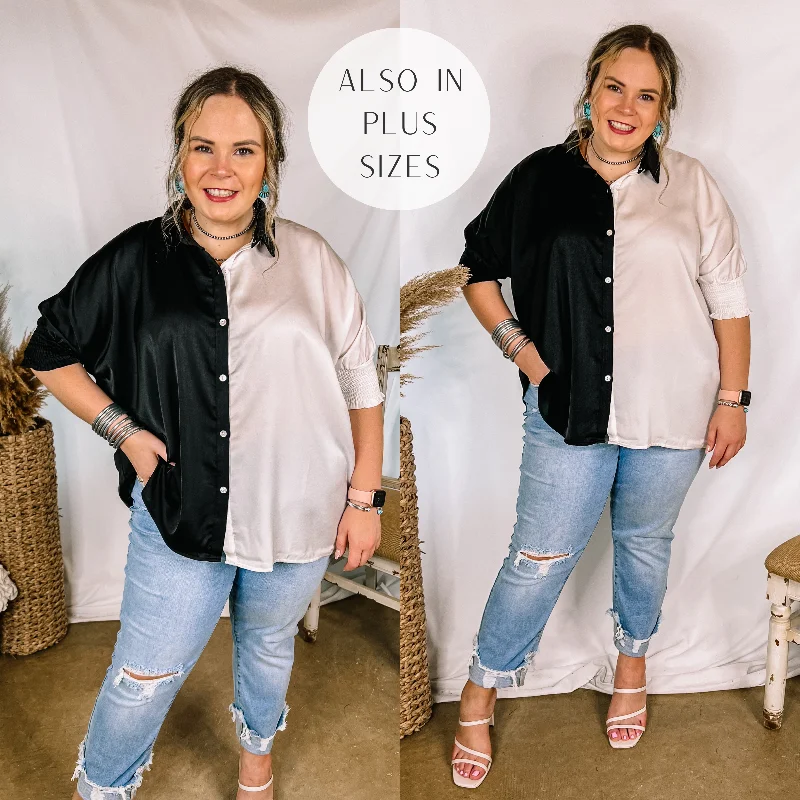 Casual Style for Busy Women Major Glow Satin Smocked 3/4 Sleeve Button Up Blouse in Black and White