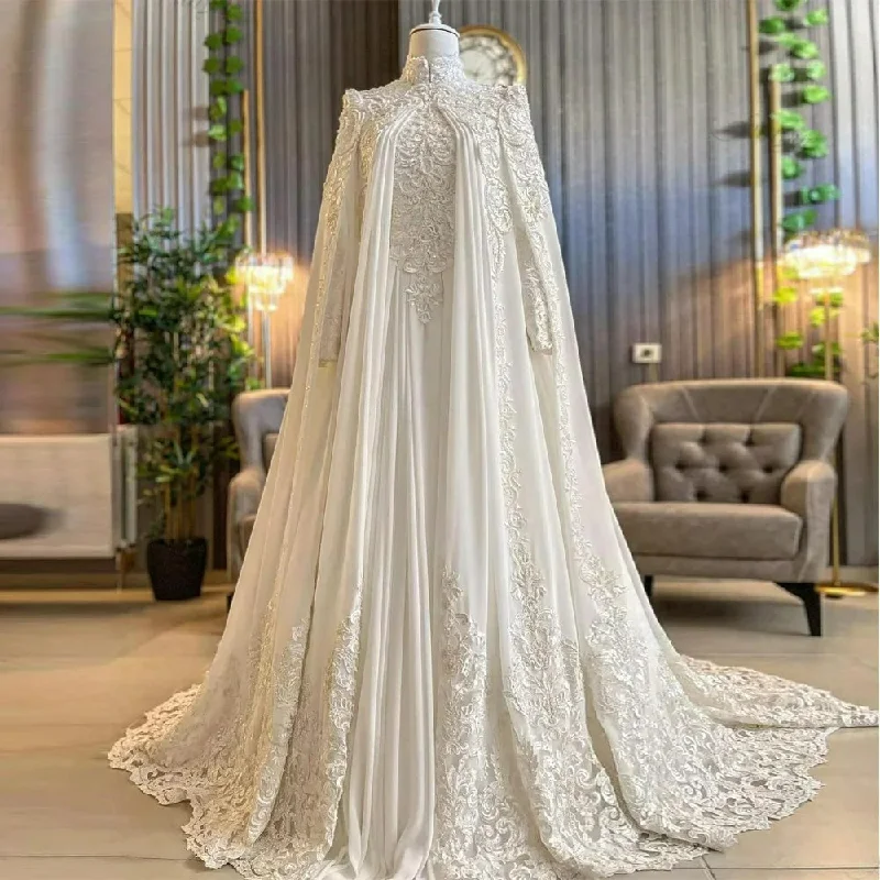 Absurdly Cheap Sale Chiffon Muslim Wedding Dresses with Cape Lace Appliques High Neck Arabic Dubai Long Sleeves Bridal Gowns Robe De Mariage