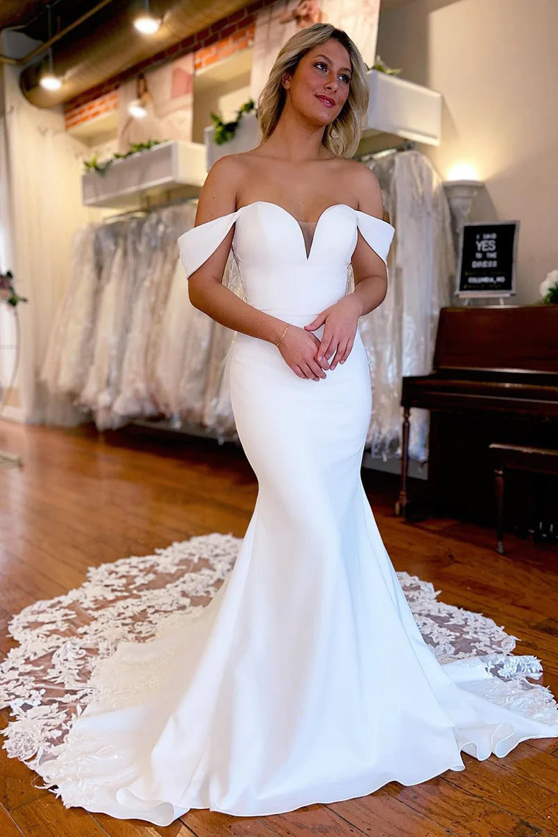 Bold Fashion White Boho Mermaid Off the Shoulder Long Wedding Dress with Lace