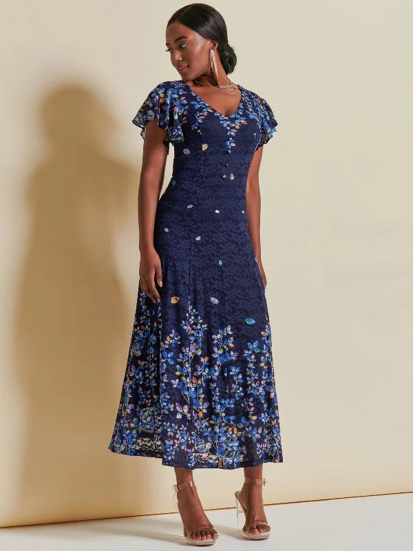 Everyday Wear Mirrored Print Lace Maxi Dress, Blue Multi