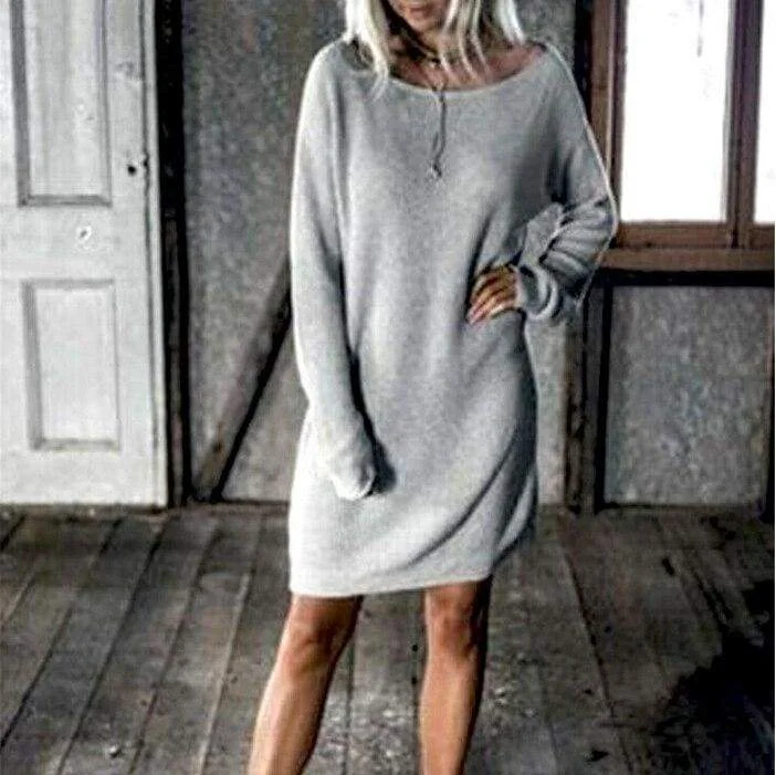 Quality Driven Apparel FashionSierra - New Fashion Women O Neck Long Sleeve Dress Solid Color Loose Dress Ladies Casual Warm Mini Dress Winter