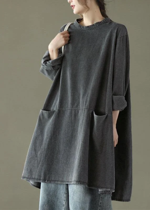 Trendy Attire For Her Boho Black Grey O-Neck Pockets Denim Long Dresses Long Sleeve