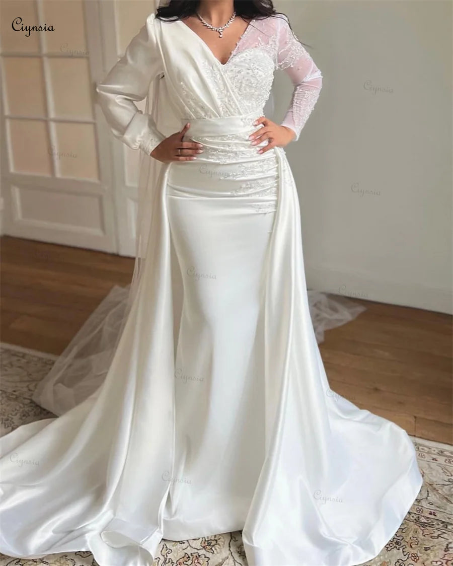 Innovate Your Wardrobe Elegant V-Neck Trumpet Wedding Gown Full Sleeves Satin Bridal Dress for Bride Lace Beads Vestidos De Novia