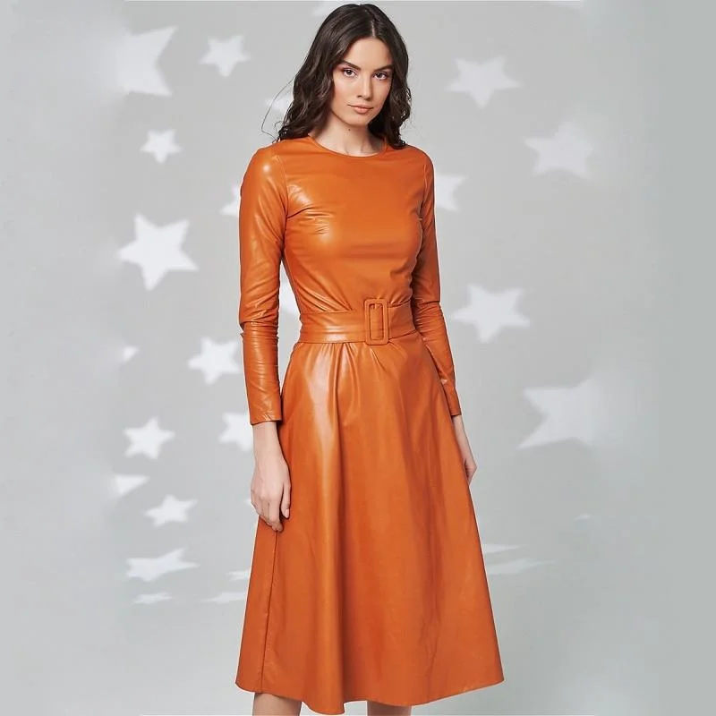 Casual Yet Stylish Separates FashionSierra - Fit And Flare Winter Dress a Line Pockets Pu Leather Midi Dress