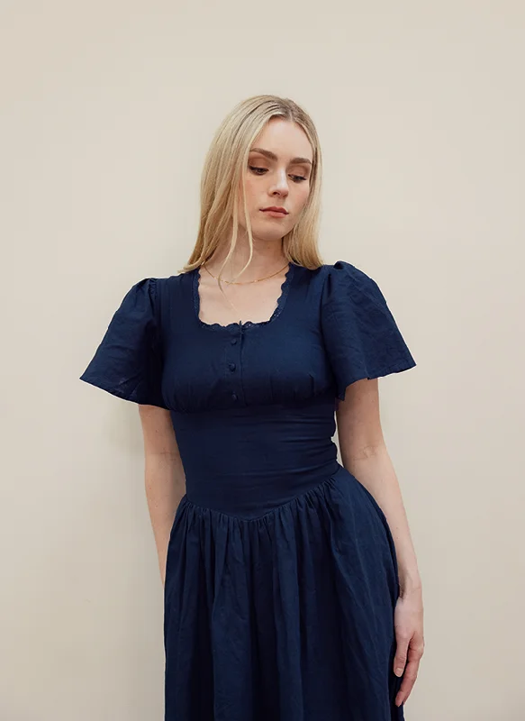 Bold and Elegant Women's Fashion Hymn Dress in Midnight | Navy Linen Dress