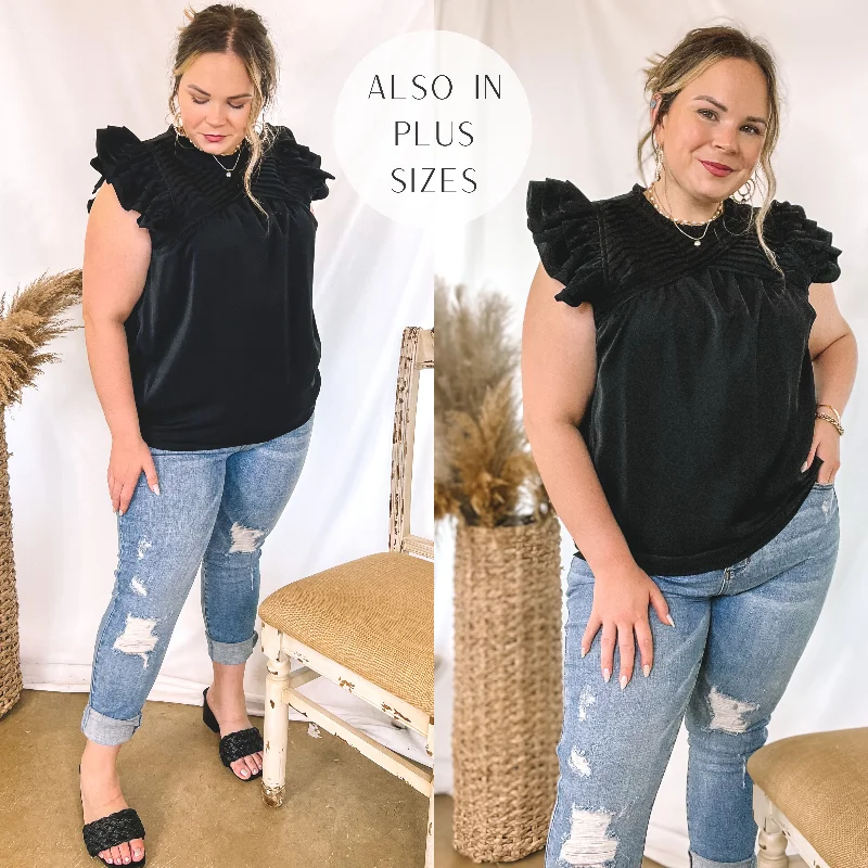 Casual Dresses for Women Last Chance Size Large & 1XL | Expect The Best Pleated Upper Blouse with Ruffle Cap Sleeves in Black