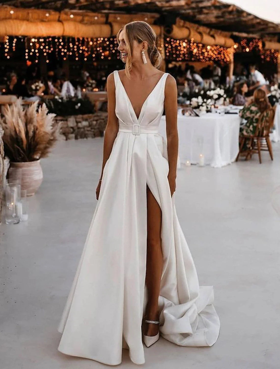 Sale On Clothing Beach Casual Wedding Dresses A-Line V Neck Sleeveless Court Train Satin Bridal Gowns With Sashes / Ribbons Sash / Ribbon