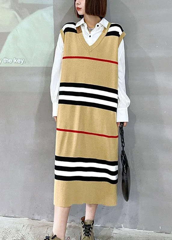 Seasonal Trends DIY Khaki V Neck Striped Fall Knit Sweater Dress