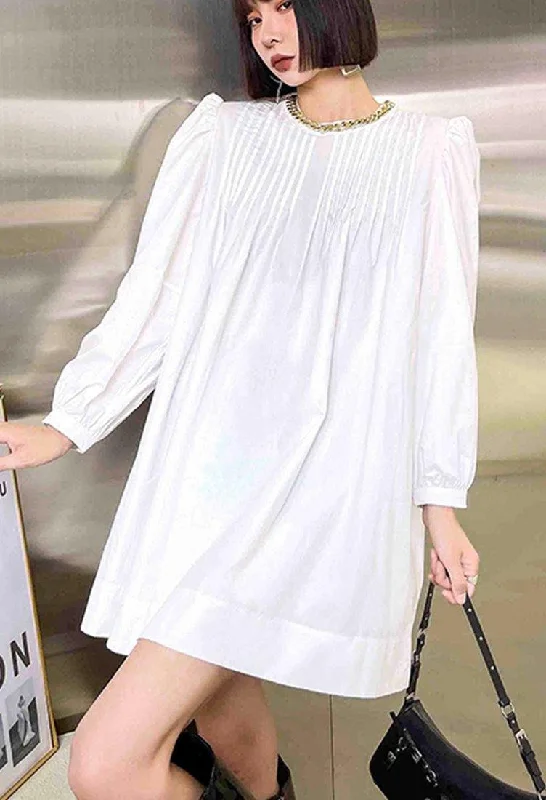 Relaxed Style Casual White Puff Sleeve Holiday Summer Cotton Dress