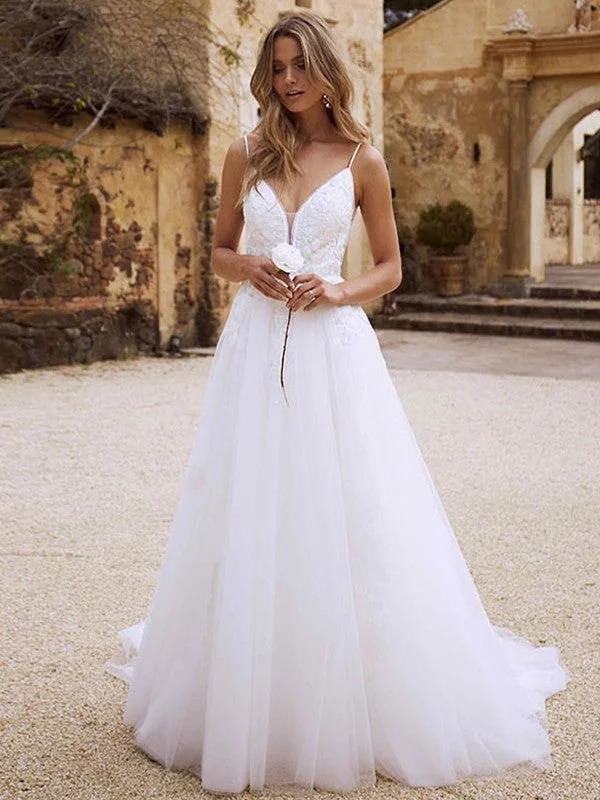 Limited Time Deal A-Line/Princess Lace Applique V-neck Sleeveless Sweep/Brush Train Wedding Dresses